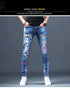 Slim Fit Korean Streetwear Graphical Printed Luxury Hip-Hop Stretch Denim Jeans for Men - Perfect Medium Wash Jeans Outfit